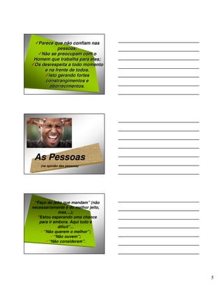 Parece que não confiam nas
            pessoas;
   Não se preocupam com o
Homem que trabalha para eles;
Os desrespeita a todo momento
     e na frente de todos.
       Isto gerando fortes
     constrangimentos e
        aborrecimentos.




 As Pessoas
    (na opinião das pessoas)




 “Faço do jeito que mandam” (não
necessariamente é do melhor jeito,
             mas....);
  “Estou esperando uma chance
   para ir embora. Aqui tudo é
             difícil”...
     “Não querem o melhor”;
           “Não ouvem”;
        “Não consideram”.




                                     5
 