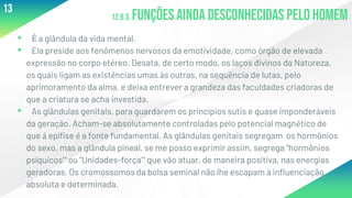 12.9.3. Funções ainda desconhecidas pelo homem
▸ É a glândula da vida mental.
▸ Ela preside aos fenômenos nervosos da emotividade, como órgão de elevada
expressão no corpo etéreo. Desata, de certo modo, os laços divinos da Natureza,
os quais ligam as existências umas às outras, na sequência de lutas, pelo
aprimoramento da alma, e deixa entrever a grandeza das faculdades criadoras de
que a criatura se acha investida.
▸ As glândulas genitais, para guardarem os princípios sutis e quase imponderáveis
da geração. Acham-se absolutamente controladas pelo potencial magnético de
que á epífise é a fonte fundamental. As glândulas genitais segregam os hormônios
do sexo, mas a glândula pineal, se me posso exprimir assim, segrega “hormônios
psíquicos” ou “Unidades-força” que vão atuar, de maneira positiva, nas energias
geradoras. Os cromossomos da bolsa seminal não lhe escapam à influenciação
absoluta e determinada.
13
 