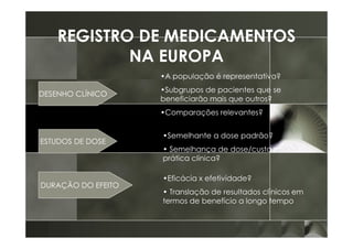 REGISTRO DE MEDICAMENTOS
            NA EUROPA
                    •A população é representativa?
                    •Subgrupos de pacientes que se
DESENHO CLÍNICO
                    beneficiarão mais que outros?
                    •Comparações relevantes?


                    •Semelhante a dose padrão?
ESTUDOS DE DOSE
                    • Semelhança de dose/custo na
                    prática clínica?

                    •Eficácia x efetividade?
DURAÇÃO DO EFEITO
                    • Translação de resultados clínicos em
                    termos de benefício a longo tempo
 