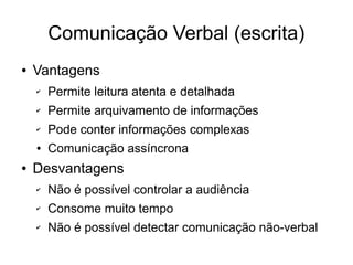 Comunicação Verbal (escrita)
● Vantagens
✔ Permite leitura atenta e detalhada
✔ Permite arquivamento de informações
✔ Pode conter informações complexas
● Comunicação assíncrona
● Desvantagens
✔ Não é possível controlar a audiência
✔ Consome muito tempo
✔ Não é possível detectar comunicação não-verbal
 