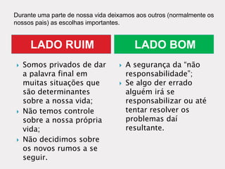 LADO RUIM LADO BOM
 Somos privados de dar
a palavra final em
muitas situações que
são determinantes
sobre a nossa vida;
 Não temos controle
sobre a nossa própria
vida;
 Não decidimos sobre
os novos rumos a se
seguir.
 A segurança da “não
responsabilidade”;
 Se algo der errado
alguém irá se
responsabilizar ou até
tentar resolver os
problemas daí
resultante.
Durante uma parte de nossa vida deixamos aos outros (normalmente os
nossos pais) as escolhas importantes.
 