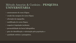 Método Amorim & Cordeiro - PESQUISA
UNIVERSITÁRIA
• assoreamento do curso d’água;
• erosão das margens do curso d’água;

• alteração da topografia;
• modificação do curso d’água;
• respeito à legislação incidente;
• permeabilidade da bacia hidrográfica;
• grau de identificação e valorização pela população; e
• qualidade estética e paisagística.

 
