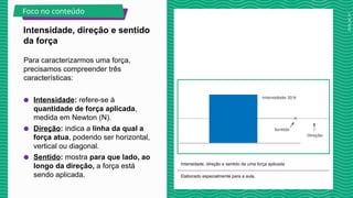 2025_AF_V1
Para caracterizarmos uma força,
precisamos compreender três
características:
● Intensidade: refere-se à
quantidade de força aplicada,
medida em Newton (N).
● Direção: indica a linha da qual a
força atua, podendo ser horizontal,
vertical ou diagonal.
● Sentido: mostra para que lado, ao
longo da direção, a força está
sendo aplicada.
Intensidade, direção e sentido de uma força aplicada
Elaborado especialmente para a aula.
Intensidade, direção e sentido
da força
Foco no conteúdo
 