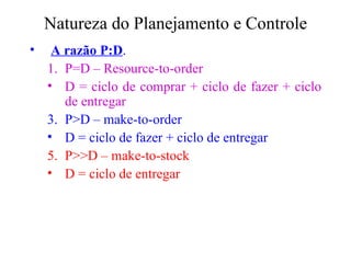 Natureza do Planejamento e Controle A razão P:D . P=D – Resource-to-order D = ciclo de comprar + ciclo de fazer + ciclo de entregar P>D – make-to-order D = ciclo de fazer + ciclo de entregar P>>D – make-to-stock D = ciclo de entregar 