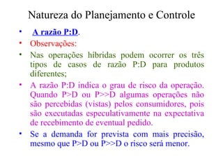 Natureza do Planejamento e Controle A razão P:D . Observações: Nas operações híbridas podem ocorrer os três tipos de casos de razão P:D para produtos diferentes; A razão P:D indica o grau de risco da operação. Quando P>D ou P>>D algumas operações não são percebidas (vistas) pelos consumidores, pois são executadas especulativamente na expectativa de recebimento de eventual pedido. Se a demanda for prevista com mais precisão, mesmo que P>D ou P>>D o risco será menor. 