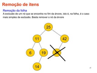 21
Remoção de itens
Remoção da folha
A exclusão de um nó que se encontra no fim da árvore, isto é, na folha, é o caso
mais simples de exclusão. Basta remover o nó da árvore
 