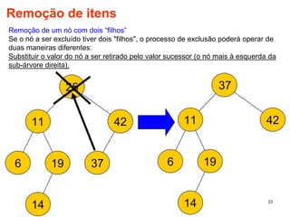 23
Remoção de um nó com dois “filhos”
Se o nó a ser excluído tiver dois "filhos", o processo de exclusão poderá operar de
duas maneiras diferentes:
Substituir o valor do nó a ser retirado pelo valor sucessor (o nó mais à esquerda da
sub-árvore direita).
Remoção de itens
 