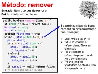 public boolean remover(long v) {
if (root == null) return false;
No atual = root;
No pai = root;
boolean filho_esq = true;
while ( atual.item != v) {
pai = atual;
if ( v < atual.item ) {
atual = atual.esq;
filho_esq = true;
} else {
atual = atual.dir;
filho_esq = false;
}
if (atual == null) return false;
} // fim laço while busca
Método: remover
Entrada: item que deseja remover
Saída: verdadeiro ou falso
Se terminou o laço de busca
sem sair do método remover
quer dizer que:
 Encontrou o valor (v)
 "atual": contem a
referencia ao No a ser
eliminado
 "pai": contem a
referencia para o pai do
No a ser eliminado
 "filho_esq": é
verdadeiro se atual é filho
a esquerda do pai
 