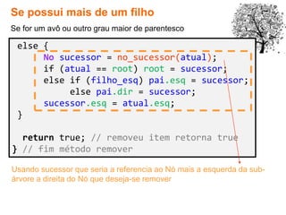 Se possui mais de um filho
Se for um avô ou outro grau maior de parentesco
else {
No sucessor = no_sucessor(atual);
if (atual == root) root = sucessor;
else if (filho_esq) pai.esq = sucessor;
else pai.dir = sucessor;
sucessor.esq = atual.esq;
}
return true; // removeu item retorna true
} // fim método remover
Usando sucessor que seria a referencia ao Nó mais a esquerda da sub-
árvore a direita do Nó que deseja-se remover
 
