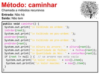 34
Método: caminhar
public void caminhar() {
System.out.print("n Exibindo em ordem: ");
inOrder(root);
System.out.print("n Exibindo em pos-ordem: ");
posOrder(root);
System.out.print("n Exibindo em pre-ordem: ");
preOrder(root);
System.out.print("n Altura da arvore: " + altura(root));
System.out.print("n Quantidade de folhas: " + folhas(root));
System.out.print("n Quantidade de Nós: " + contarNos(root));
if (root != null ) { // se arvore nao esta vazia
System.out.print("n Valor minimo: " + min().item);
System.out.println("n Valor maximo: " + max().item);
}
}
Chamada a métodos recursivos
Entrada: Não há
Saída: Não tem
 