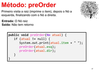 37
Método: preOrder
public void preOrder(No atual) {
if (atual != null) {
System.out.print(atual.item + " ");
preOrder(atual.esq);
preOrder(atual.dir);
}
}
Primeiro visita a raiz (imprime o item), depois o Nó a
esquerda, finalizando com o Nó a direita.
Entrada: O Nó raiz
Saída: Não tem retorno
 