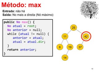 43
Método: max
public No max() {
No atual = root;
No anterior = null;
while (atual != null) {
anterior = atual;
atual = atual.dir;
}
return anterior;
}
Entrada: não há
Saída: No mais a direita (Nó máximo)
 