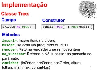 8
Implementação
private No root;
Classe Tree:
Campo Construtor
public Tree() { root=null; }
Métodos
inserir: Insere itens na arvore
buscar: Retorna Nó procurado ou null
remover: Retorna verdadeiro se removeu item
no_sucessor: Retorna o Nó sucessor ao passado no
parâmetro
caminhar: (inOrder, preOrder, posOrder, altura,
folhas, min, max, contarNos)
 