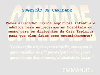 Vamos arrecadar livros espíritas infantis e
adultos para entregarmos em hospitais ou
mesmo para os dirigentes da Casa Espírita
para que eles façam esse encaminhamento?
SUGESTÃO DE CARIDADE
 