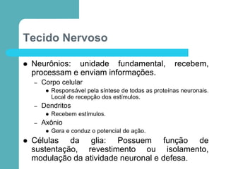 Tecido Nervoso
 Neurônios: unidade fundamental, recebem,
processam e enviam informações.
– Corpo celular
 Responsável pela síntese de todas as proteínas neuronais.
Local de recepção dos estímulos.
– Dendritos
 Recebem estímulos.
– Axônio
 Gera e conduz o potencial de ação.
 Células da glia: Possuem função de
sustentação, revestimento ou isolamento,
modulação da atividade neuronal e defesa.
 