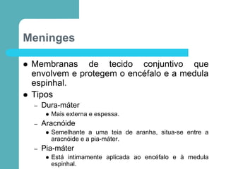 Meninges
 Membranas de tecido conjuntivo que
envolvem e protegem o encéfalo e a medula
espinhal.
 Tipos
– Dura-máter
 Mais externa e espessa.
– Aracnóide
 Semelhante a uma teia de aranha, situa-se entre a
aracnóide e a pia-máter.
– Pia-máter
 Está intimamente aplicada ao encéfalo e à medula
espinhal.
 