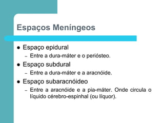 Espaços Meníngeos
 Espaço epidural
– Entre a dura-máter e o periósteo.
 Espaço subdural
– Entre a dura-máter e a aracnóide.
 Espaço subaracnóideo
– Entre a aracnóide e a pia-máter. Onde circula o
líquido cérebro-espinhal (ou líquor).
 