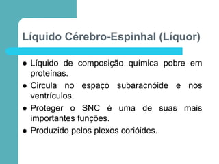 Líquido Cérebro-Espinhal (Líquor)
 Líquido de composição química pobre em
proteínas.
 Circula no espaço subaracnóide e nos
ventrículos.
 Proteger o SNC é uma de suas mais
importantes funções.
 Produzido pelos plexos corióides.
 