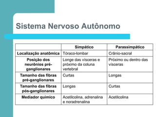 Sistema Nervoso Autônomo
Simpático Parassimpático
Localização anatômica Tóraco-lombar Crânio-sacral
Posição dos
neurônios pré-
ganglionares
Longe das vísceras e
próximo da coluna
vertebral
Próximo ou dentro das
vísceras
Tamanho das fibras
pré-ganglionares
Curtas Longas
Tamanho das fibras
pós-ganglionares
Longas Curtas
Mediador químico Acetilcolina, adrenalina
e noradrenalina
Acetilcolina
 