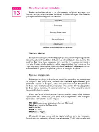 A U L A       Os softwares de um computador


13             Podemos dividir os softwares em três categorias. A figura a seguir procura
          ilustrar a relação entre usuário e hardware, intermediados por três camadas
          que representam as categorias de software.

                                             USUÁRIO

                                             APLICATIVOS



                                       SISTEMAS OPERACIONAIS



                                          SISTEMAS BÁSICOS

                                           HARDWARE
                               camadas de software entre UCP e usuário



              Sistemas básicos

              Essa primeira categoria é formada por programas que servem principalmente
          para comandar certos detalhes do hardware não conhecidos pela maioria dos
          usuários. Faz parte desta categoria, por exemplo, o programa que inicia a
          operação do computador, estabelecendo o modo inicial de funcionamento dos
          chips programáveis quando se liga a máquina. Os sistemas básicos encontram-
          se em memórias que não se perdem quando se desliga a máquina.


              Sistemas operacionais

              Esta segunda categoria de software possibilita ao usuário um uso mínimo
                                                                   operacionais,
          da máquina. São programas denominados sistemas operacionais pois
          permitem “operar” a máquina, ainda que em nível básico. Encontram-se
          em disco. Para serem executados, os sistemas operacionais devem ser copiados
          do disco para a memória. O sistema básico faz essa cópia durante o início
          da operação do computador.

              Como o software há muitos anos virou um produto comercial, os sistemas
          operacionais são conhecidos pelas suas marcas registradas. São exemplos
          de sistemas operacionais usados no país:

              MS DOS (sistema operacional em disco da Microsoft)
              Windows (também da Microsoft)
              OS/2 (da IBM)
              UNIX (da Bell)
              Mac OS (da Apple).

             O usuário interage com o sistema operacional por meio de comandos.
          Em sistemas operacionais gráficos (como Windows e OS/2), os comandos são
 