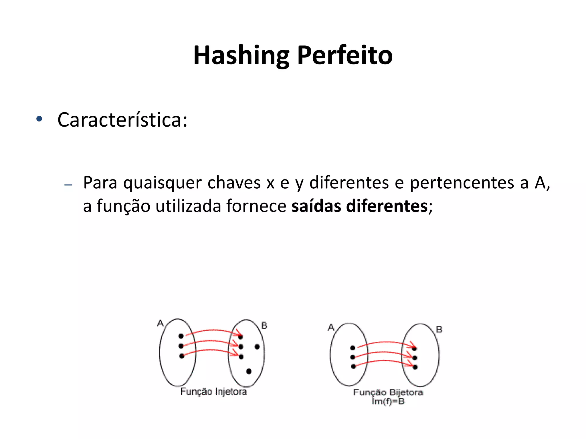 Hashing Perfeito

• Característica:

   –   Para quaisquer chaves x e y diferentes e pertencentes a A,
       a função utilizada fornece saídas diferentes;
 