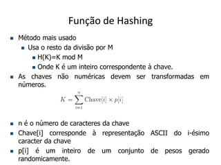 Função de Hashing
   Método mais usado
      Usa o resto da divisão por M

         H(K)=K mod M

         Onde K é um inteiro correspondente à chave.

   As chaves não numéricas devem ser transformadas em
    números.




   n é o número de caracteres da chave
   Chave[i] corresponde à representação ASCII do i-ésimo
    caracter da chave
   p[i] é um inteiro de um conjunto de pesos gerado
    randomicamente.
 
