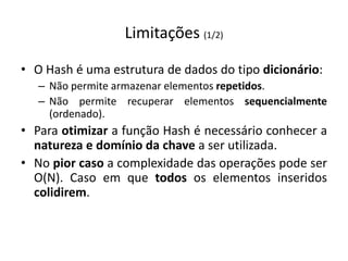 Limitações (1/2)

• O Hash é uma estrutura de dados do tipo dicionário:
   – Não permite armazenar elementos repetidos.
   – Não permite recuperar elementos sequencialmente
     (ordenado).
• Para otimizar a função Hash é necessário conhecer a
  natureza e domínio da chave a ser utilizada.
• No pior caso a complexidade das operações pode ser
  O(N). Caso em que todos os elementos inseridos
  colidirem.
 