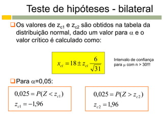Teste de hipóteses - bilateral
Os valores de zc1 e zc2 são obtidos na tabela da
 distribuição normal, dado um valor para  e o
 valor crítico é calculado como:

                                   6       Intervalo de confiança
                  xci  18  zci           para  com n > 30!!!
                                   31
Para =0,05:
 0,025  P( Z  zc1 )              0,025  P( Z  zc 2 )
 zc1  1,96                       zc 2  1,96
 