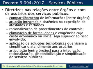 Decreto 9.094/2017 - Serviços Públicos
• Diretrizes nas relações entre órgãos e com
os usuários dos serviços públicos:
– compartilhamento de informações [entre órgãos];
– atuação integrada e sistêmica na expedição de
atestados e certidões
– racionalização de procedimentos de controle;
– eliminação de formalidades e exigências cujo
custo econômico ou social seja superior ao risco
envolvido;
– aplicação de soluções tecnológicas que visem a
simplificar o atendimento aos usuários
– articulação [entre órgãos] para a integração,
racionalização, disponibilização e simplificação
de serviços públicos.
Ex: https://www12.senado.leg.br/institucional/carta-de-servicos
 