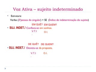 Voz Ativa – sujeito indeterminado
 Estrutura:
Verbo (3ªpessoa do singular) + SE (Índice de indeterminação do sujeito)
 Confiava-se em sonhos.
 Desistiu-se da proposta.
V.T.I
.
O.I.
V.T.I
.
O.I.
SUJ. INDET./
SUJ. INDET./
EM QUÊ? EM QUEM?
DE QUÊ? DE QUEM?
 