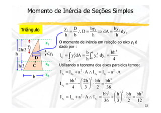 h 
2h/3 
Momento de Inércia de Seções Simples 
Triângulo 
by 
y D 
by 
=  = ⇒ = 
1 1 1 dy 
1 
h 
dA 
h 
D 
b 
h 
O momento de inércia em relação ao eixo y1 é 
dado por : 
bh 
z1 1 4 
Utilizando o teorema dos eixos paralelos temos: 
z = ∫ = ∫ y dy 
= 
b 
h 
I y dA 
3 
h 3 
2 
z1 
D 
y1 
dy1 
bh 
12 
bh 
z1 z0 0 1 = + ×  = - × 
bh 
bh 
2h 
bh 
 
  = - 
 = + ×  = + 
z2 z0 2 × =  
2 
h 
3 
bh 
36 
I I a A I 
3 2 3 
z 
2 
 
 
22 
h/3 C 
b 
0 1 
1 
A 
z0 
z2 
I I a A I I a2 A 
z z 
2 
36 
2 
3 
4 
I 
3 2 3 
z0 = ×  
 