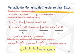 Variação do Momento de Inércia ao girar Eixos 
Relação entre os eixos coordenados 
y y cosa z sena 1 z z cosa ysena = - 1 = + 
Momento de Inércia em relação ao eixo y1 
y1 1 = ∫ = ∫ + 
I z 2 
dA (z cosα ysen α)2 dA 
A A 
y1 = ∫ + ∫ + ∫ 
2 2 
2 2 
I cos α z dA 2senαcosα yz dA sen α y dA 
A 
A A 
24 
Iy Iyz Iz 
y1 = y + 2 
+ 
I I cos α I z 
sen α 2I yz 
cosαsenα 2 
Utilizando-se as seguintes relações trigonométricas, obtém-se: 
cos 2 = + 2 1 - cos2α 
α = = 
y z y z 
1 cos2α 
y1 + 
I yz 
cos2α I sen2α 
I I 
2 
I I 
2 
- 
+ 
+ 
= 
; 2cosαsenα sen2α 
2 
; sen α 
2 
 