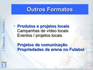Outros Formatos Produtos e projetos locais Campanhas de vídeo locais Eventos / projetos locais Projetos de comunicação Propriedades de arena no Futebol   
