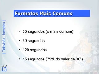 Formatos Mais Comuns 30 segundos (o mais comum) 60 segundos 120 segundos 15 segundos (75% do valor de 30”) 