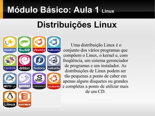 Módulo Básico: Aula 1  Linux Distribuições Linux Uma distribuição Linux é o conjunto dos vários programas que compõem o Linux, o kernel e, com freqüência, um sistema gerenciador de programas e um instalador. As distribuições de Linux podem ser tão pequenas a ponto de caber em apenas alguns disquetes ou grandes e completas a ponto de utilizar mais de um CD. 