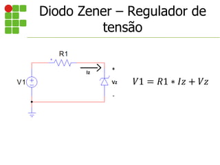Diodo Zener – Regulador de
tensão
𝑉1 = 𝑅1 ∗ 𝐼𝑧 + 𝑉𝑧
 