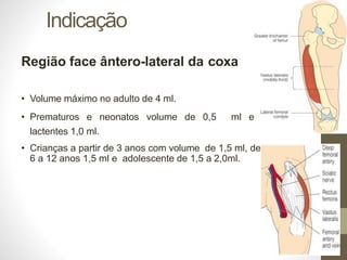 Indicação
Região face ântero-lateral da coxa
• Volume máximo no adulto de 4 ml.
• Prematuros e neonatos volume de 0,5 ml e
lactentes 1,0 ml.
• Crianças a partir de 3 anos com volume de 1,5 ml, de
6 a 12 anos 1,5 ml e adolescente de 1,5 a 2,0ml.
 
