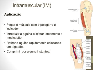 Intramuscular (IM)
Aplicação
• Pinçar o músculo com o polegar e o
indicador.
• Introduzir a agulha e injetar lentamente a
medicação.
• Retirar a agulha rapidamente colocando
um algodão.
• Comprimir por alguns instantes.
 