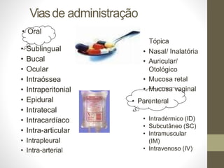 Viasde administração
• Sublingual
• Bucal
• Ocular
• Intraóssea
• Intraperitonial
• Epidural
• Intratecal
• Intracardíaco
• Intra-articular
• Intrapleural
• Intra-arterial
• Oral
Tópica
• Nasal/ Inalatória
• Auricular/
Otológico
• Mucosa retal
• Mucosa vaginal
• Parenteral
• Intradérmico (ID)
• Subcutâneo (SC)
• Intramuscular
(IM)
• Intravenoso (IV)
 