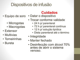 Dispositivos de infusão
• Microgotas
• Macrogotas
• Extensor
• Multivias
• Torneirinhas
• Bureta
Cuidados
• Equipo de soro • Datar o dispositivo
• Trocar conforme validade
• 24 h p/ parenteral
• 72 h p/ parenteral contínua
• 12 h p/ solução lipídica
• Dieta parenteral até o término
• Integridade
• Manter fechado
• Desinfecção com álcool 70%
antes de abrir o sistema
venoso.
 