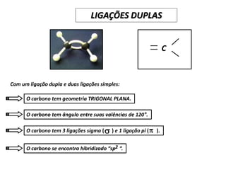 C
Com um ligação dupla e duas ligações simples:
O carbono tem geometria TRIGONAL PLANA.
O carbono tem ângulo entre suas valências de 120°.
O carbono tem 3 ligações sigma ( ) e 1 ligação pi ( ).
O carbono se encontra hibridizado “sp “.
s
2
p
LIGAÇÕES DUPLAS
 