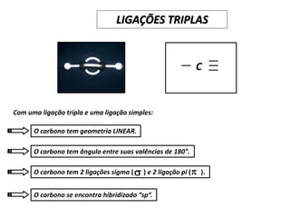 C
Com uma ligação tripla e uma ligação simples:
O carbono tem geometria LINEAR.
O carbono tem ângulo entre suas valências de 180°.
O carbono tem 2 ligações sigma ( ) e 2 ligação pi ( ).
O carbono se encontra hibridizado “sp“.
s p
LIGAÇÕES TRIPLAS
 