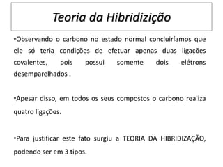 Teoria da Hibridizição
•Observando o carbono no estado normal concluiríamos que
ele só teria condições de efetuar apenas duas ligações
covalentes, pois possui somente dois elétrons
desemparelhados .
•Apesar disso, em todos os seus compostos o carbono realiza
quatro ligações.
•Para justificar este fato surgiu a TEORIA DA HIBRIDIZAÇÃO,
podendo ser em 3 tipos.
 