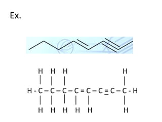 Ex.
H H H H
H - C – C – C – C = C – C = C – C - H
H H H H H H
 
