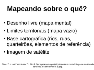 Mapeando sobre o quê?
●
Desenho livre (mapa mental)
●
Limites territoriais (mapa vazio)
●
Base cartográfica (rios, ruas,
quarteirões, elementos de referência)
●
Imagem de satélite
Silva, C.N. and Verbicaro, C., 2016. O mapeamento participativo como metodologia de análise do
território. Scientia Plena, 12(6).
 