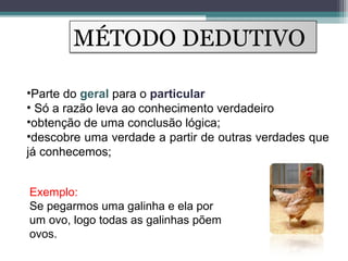•Parte do geral para o particular
• Só a razão leva ao conhecimento verdadeiro
•obtenção de uma conclusão lógica;
•descobre uma verdade a partir de outras verdades que
já conhecemos;
MÉTODO DEDUTIVO
Exemplo:
Se pegarmos uma galinha e ela por
um ovo, logo todas as galinhas põem
ovos.
 
