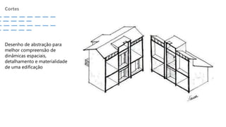 Cortes
Desenho de abstração para
melhor compreensão de
dinâmicas espaciais,
detalhamento e materialidade
de uma edificação
 