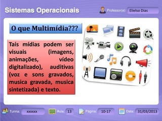 Turma: 2503-B Aula: 10 Pág: 10 a 17 Data: 18-jan-12 
xxxxxx 13 10-17 31/03/2013 
Instrutor: Ricardo Paladini Matos 
Elielso Dias 
O que Multimídia??? 
Tais mídias podem ser 
visuais (imagens, 
animações, vídeo 
digitalizado), auditivas 
(voz e sons gravados, 
musica gravada, musica 
sintetizada) e texto. 
 