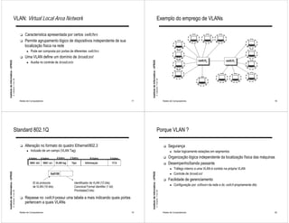 VLAN: Virtual Local Area Network                                                                                                                            Exemplo do emprego de VLANs

                                                             !   Característica apresentada por certos switches
                                                             !   Permite agrupamento lógico de dispositivos independente de sua
                                                                 localização física na rede
                                                                   ●    Pode ser composta por portas de diferentes switches
                                                             !   Uma VLAN define um domínio de broadcast
                                                                                                                                                                                                                                                     switcho              switch1
Instituto de Informática - UFRGS




                                                                                                                                                            Instituto de Informática - UFRGS
                                                                   ●    Auxilia no controle de broadcasts
                                   A. Carissimi -7-oct.-09




                                                                                                                                                                                               A. Carissimi -7-oct.-09
                                                             Redes de Computadores                                                                     17                                                                Redes de Computadores                                                       18




                                       Standard 802.1Q                                                                                                                                             Porque VLAN ?

                                                             !   Alteração no formato do quadro Ethernet/802.3                                                                                                           !   Segurança
                                                                   ●    Inclusão de um campo (VLAN Tag)                                                                                                                        ●   Isolar logicamente estações em segmentos
                                                                       6 bytes    6 bytes       4 bytes   2 bytes          N bytes           4 bytes                                                                     !   Organização lógica independente da localização física das máquinas
                                                                        MAC dst      MAC src   VLAN tag    Tipo       Informação               FCS                                                                       !   Desempenho/banda passante
                                                                                                                                                                                                                               ●   Tráfego interno a uma VLAN é contido na própria VLAN
Instituto de Informática - UFRGS




                                                                                                                                                            Instituto de Informática - UFRGS




                                                                                            0x8100                                                                                                                             ●   Controle de broadcast
                                                                                                                                                                                                                         !   Facilidade de gerenciamento
                                                                          ID do protocolo                    Identificador de VLAN (12 bits)
                                                                          de VLAN (16 bits)                  Canonical Format Identifier (1 bit)
                                                                                                                                                                                                                               ●   Configuração por software da rede e do switch propriamente dito
                                                                                                             Prioridade(3 bits)
                                   A. Carissimi -7-oct.-09




                                                                                                                                                                                               A. Carissimi -7-oct.-09




                                                             !   Repasse no switch possui uma tabela a mais indicando quais portas
                                                                 pertencem a quais VLANs

                                                             Redes de Computadores                                                                     19                                                                Redes de Computadores                                                       20
 