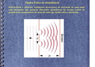 Óptica Física ou Ondulatória
Interferência e difração: fenômenos decorrentes da interação de uma onda
com obstáculos que possuem dimensões geométricas da mesma ordem de
grandeza do comprimento de onda da onda que incide sobre o obstáculo.
 
